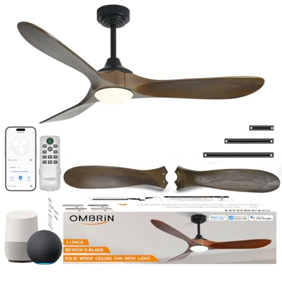 60 inch Outdoor Ceiling Fans with Lights, Smart Wood Ceiling Fan for Alexa/Google/APP Control, Indoor/Outdoor Use, 3 Blades, 3C