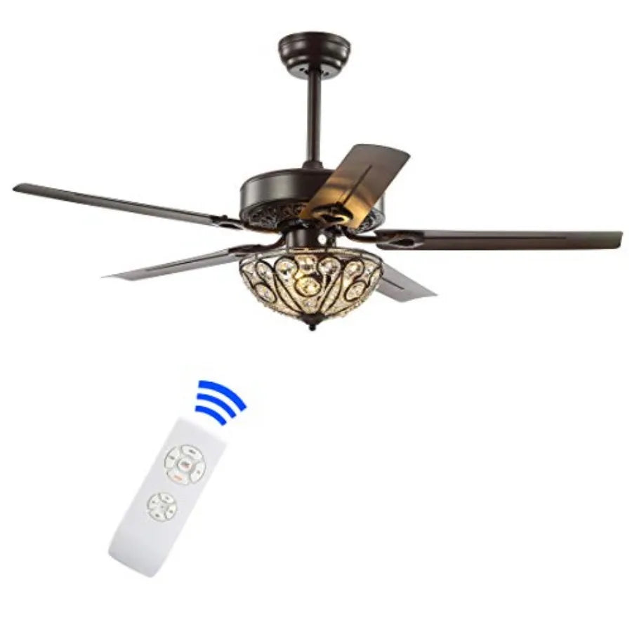 Traditional glam ceiling fan for living room: oil rubbed bronze wrought iron, 48-inch, 3-light LED with remote, 5 reversible bl