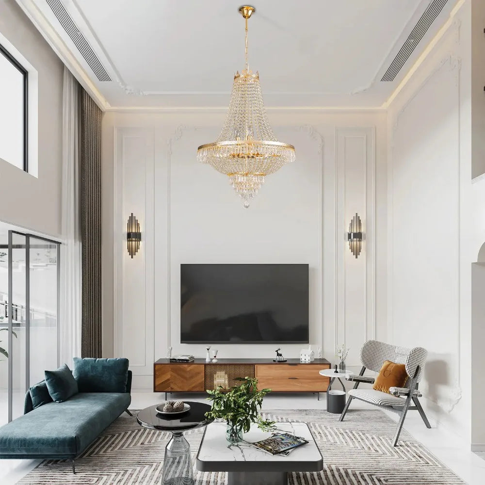 Luxury Crystal Chandelier, Modern Gold French Empire Crystal Ceiling Chandelier LED Ceiling Light Fixture Lamp for Living room
