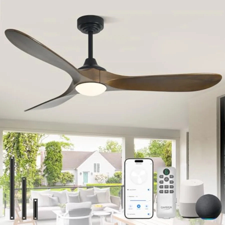60 inch Outdoor Ceiling Fans with Lights, Smart Wood Ceiling Fan for Alexa/Google/APP Control, Indoor/Outdoor Use, 3 Blades, 3C